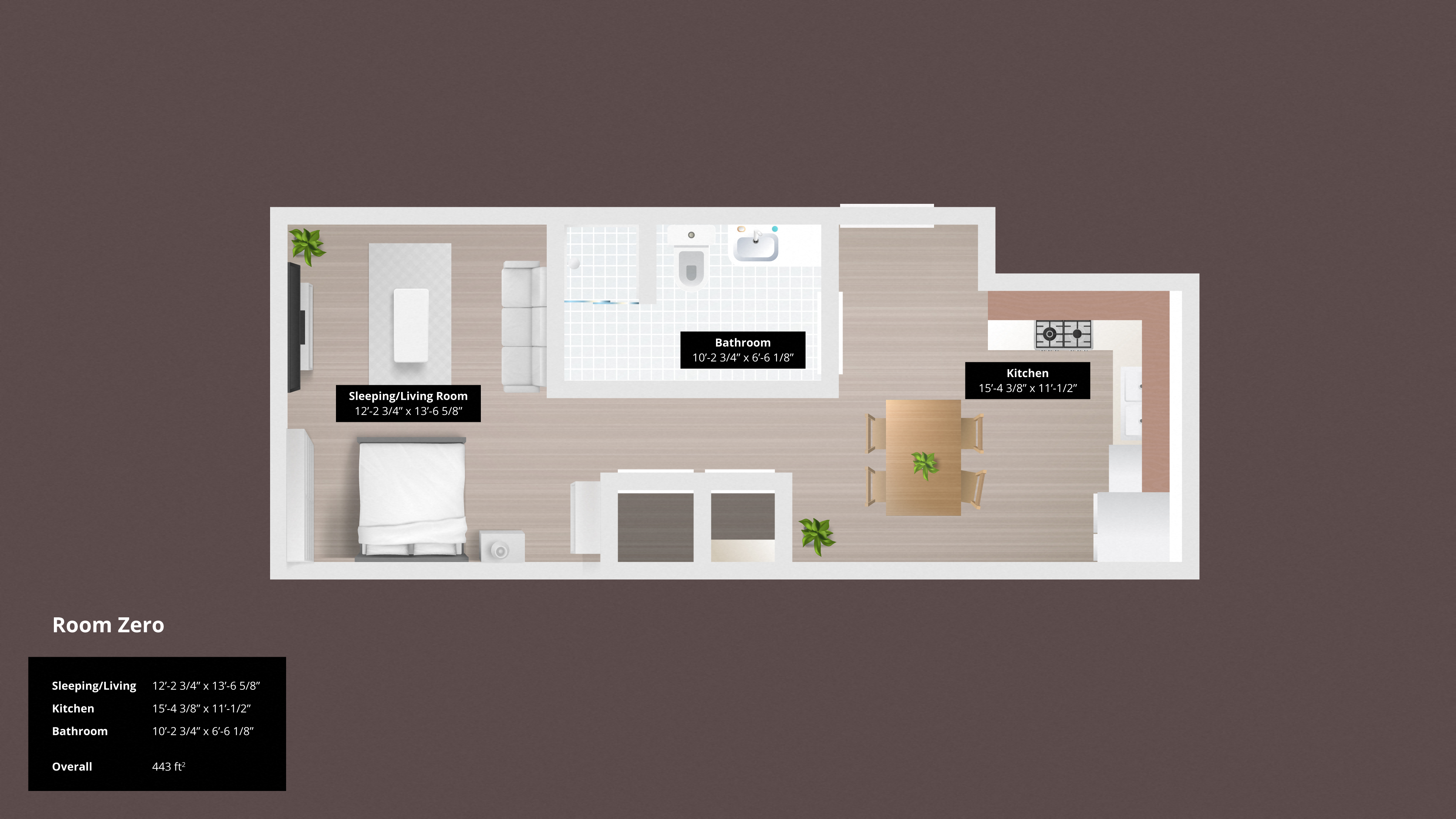 Floor plan for studio, 1 bath, 400 sqft